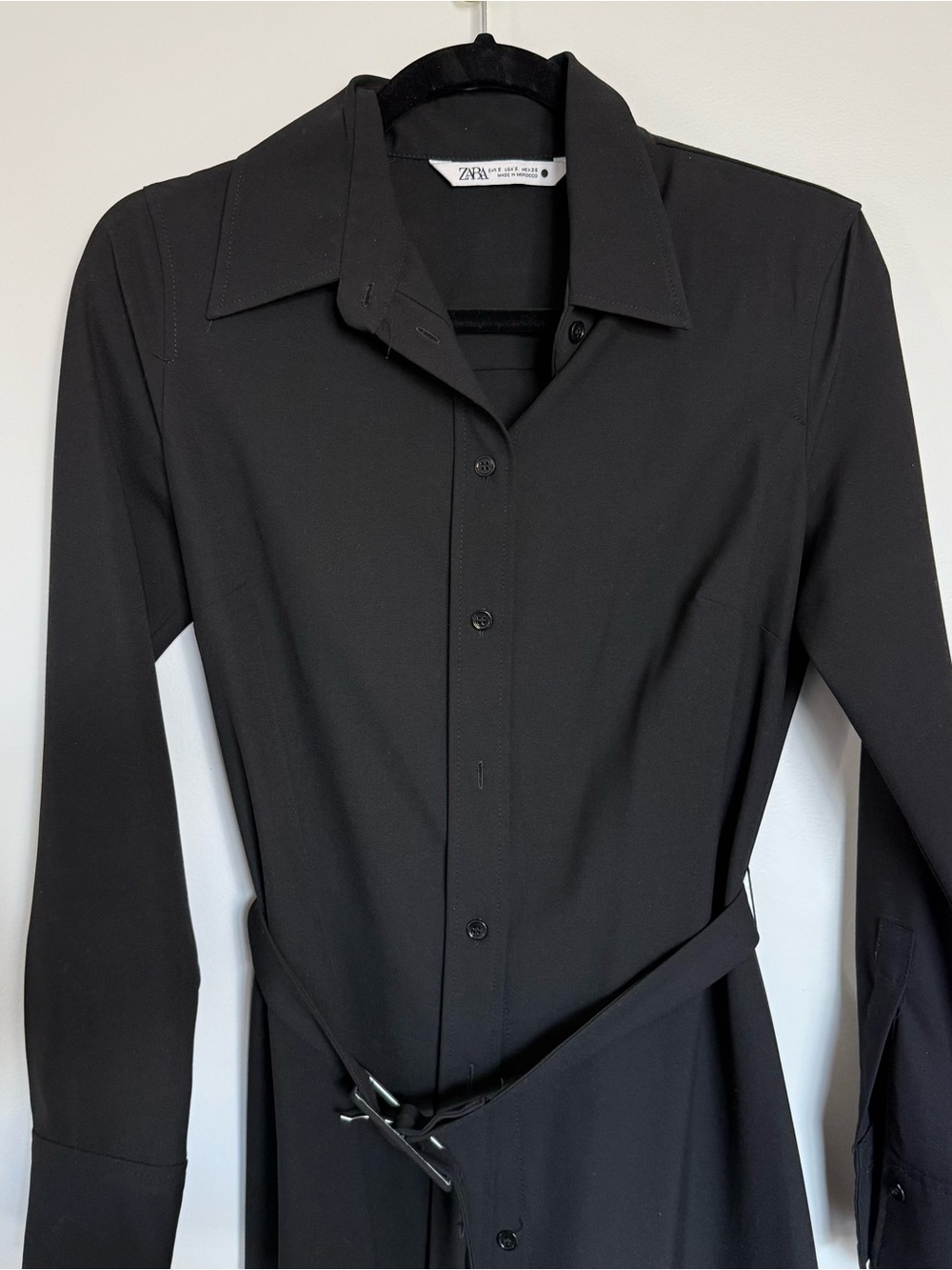 Zara Black Long-Sleeve Shirt Dress with Belt